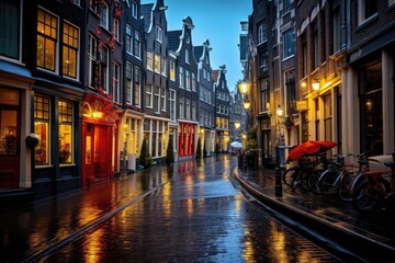 Amsterdam, Netherlands. Streets of the old city in the evening, Amsterdam Netherlands dancing houses over river Amstel landmark, AI Generated