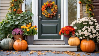 front door entrance decorating with pumpkins and flowers autumn fall concept generative ai