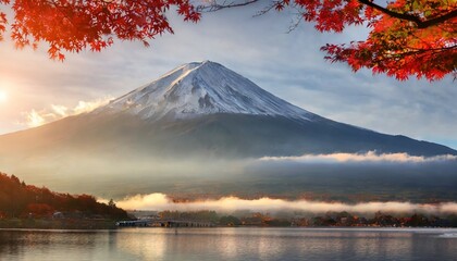 colorful autumn season and mountain fuji with morning fog and red leaves at lake kawaguchiko is one of the best places in japan