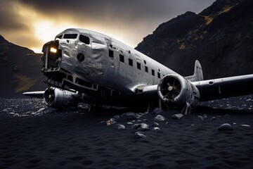 Abandoned military airplane in the desert. 3D rendering, An abandoned airplane rests solemnly on a desolate black sand beach, AI Generated - Powered by Adobe