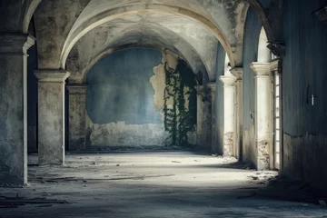 Fotobehang Interior of an old abandoned building with archs and columns, An old empty corridor, Vintage abandoned building with a window, AI Generated © Ifti Digital