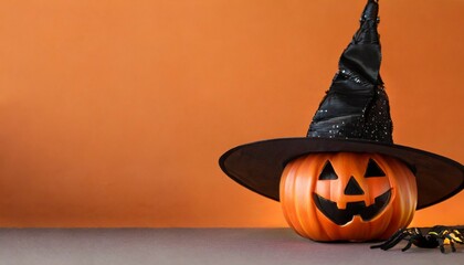 halloween pumpkin in a black witch hat on orange background with copy space