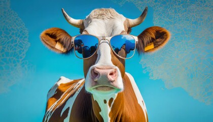 cow wearing sunglasses in front of a blue background surreal animal portrait generative ai