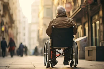 Foto op Plexiglas Elderly man in a wheelchair on the street of the city, An old man is sitting in a wheelchair on a walk in the city, rear view, AI Generated © Ifti Digital