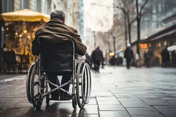 Schilderijen op glas Elderly man in a wheelchair on the street of the city, An old man is sitting in a wheelchair on a walk in the city, rear view, AI Generated © Ifti Digital