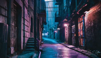 Photo sur Plexiglas Ruelle étroite dark street in cyberpunk city gloomy alley with neon lighting