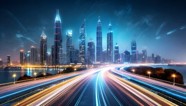 speed light trails path through smart modern mega city and skyscrapers town with neon futuristic technology background future virtual reality motion effect high speed light with generative ai