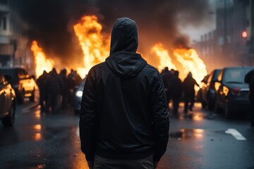 Fire in the city at night. A man in a black jacket with a hood on his head, Back view of an aggressive man without a face in a hood against the backdrop of protests and burning cars, AI Generated