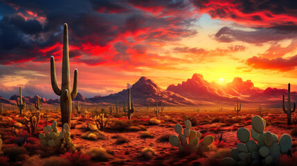 Dramatic Sunset over Cactus-filled Desert Landscape