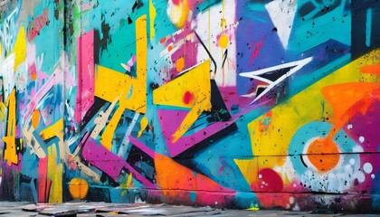 walls in the form of collage work in the style of spray paint art covered with graffiti of...