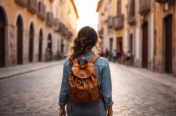 Solo woman traveller from behind walking at the european old street, famous destination landmark. Back view of a young traveling female person with backpack exploring historic city center in europe.