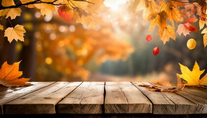 Naklejka na ściany i meble empty wooden table with autumn background
