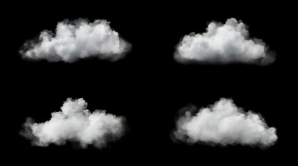 Clouds set isolated on black background. White cloudiness, mist or smog background - obrazy, fototapety, plakaty