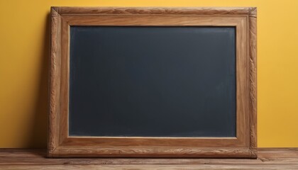 
Empty blackboard with wooden frame on wooden table over yellow background.