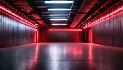 modern garage background futuristic warehouse with red neon lighting minimalist design of dark...