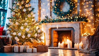 christmas tree with decorations near a fireplace