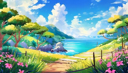 natural landscape in anime style illustration generative ai