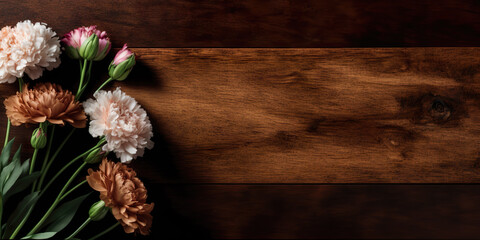 Carnations on wooden table background for Valentine's Day, Mother's Day, anniversary