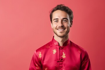 Young european man smiling, wearing cheongsam, one color background, copy space. generative ai