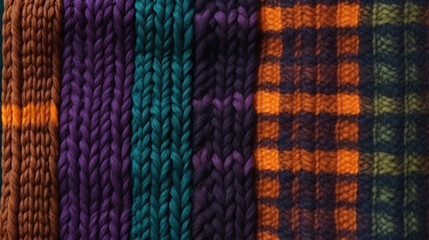 Plaid of varied yarns knitted together, featuring woolen material, suitable for crafting and recreational activities such as knitting and needlework; close-up backdrop.
