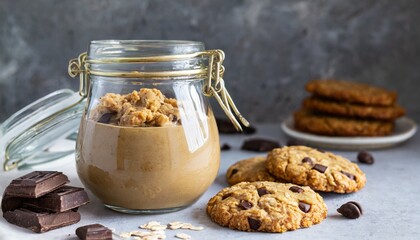 flourless gluten free peanut butter oatmeal and chocolate chips cookies in glass jar and on table horizontal