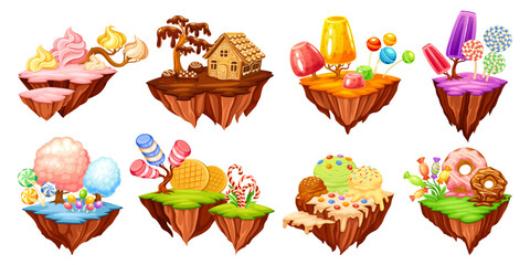 Candy islands. Flying sweet island, floating fantasy land with sweets lollipop cream cupcake gingerbread house chocolate cake, game fairy dream world neoteric vector illustration