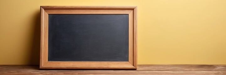 
Empty blackboard with wooden frame on wooden table over yellow background.