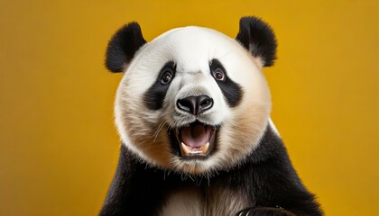 panda looking surprised reacting amazed impressed standing over yellow background - obrazy, fototapety, plakaty