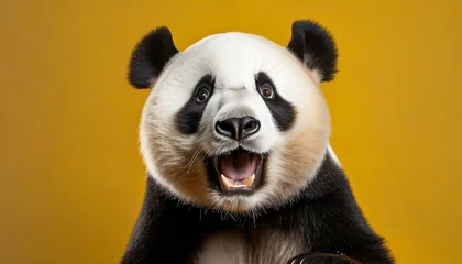 Tuinposter panda looking surprised reacting amazed impressed standing over yellow background © Art_me2541