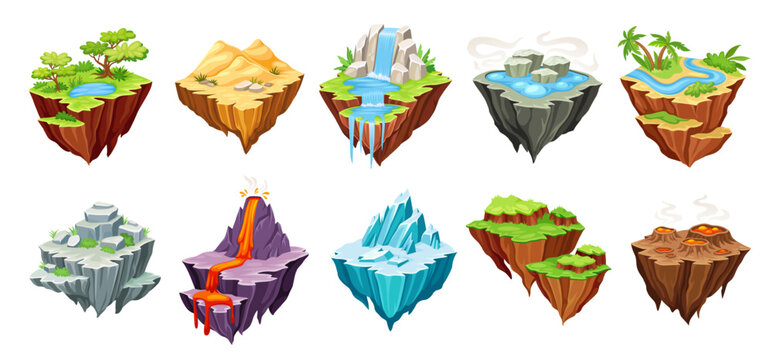 Flying islands. Cartoon lifeless fantasy island with desert crater iced surface, floating ground rock planet land mountain nature game level platforms, neoteric vector illustration