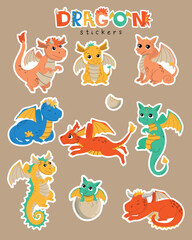 Dragons vector sticker set. Fantasy character baby vector illustration