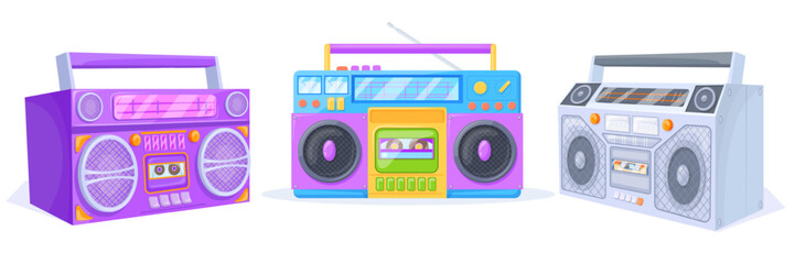 Boombox. Colorful stereo recorder for listening radio music on tape cassette, retro portable player hip hop culture eighties in ghetto, boom box party 90s neat vector illustration - obrazy, fototapety, plakaty