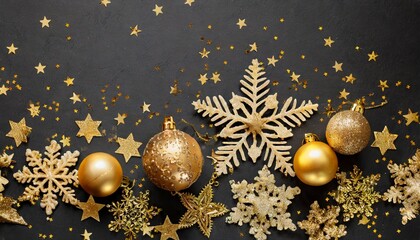 golden snowflakes gifts christmas balls and stars on dark background