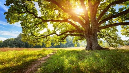 Fototapeta premium summer or autumn nature background big old oak tree against sunlight