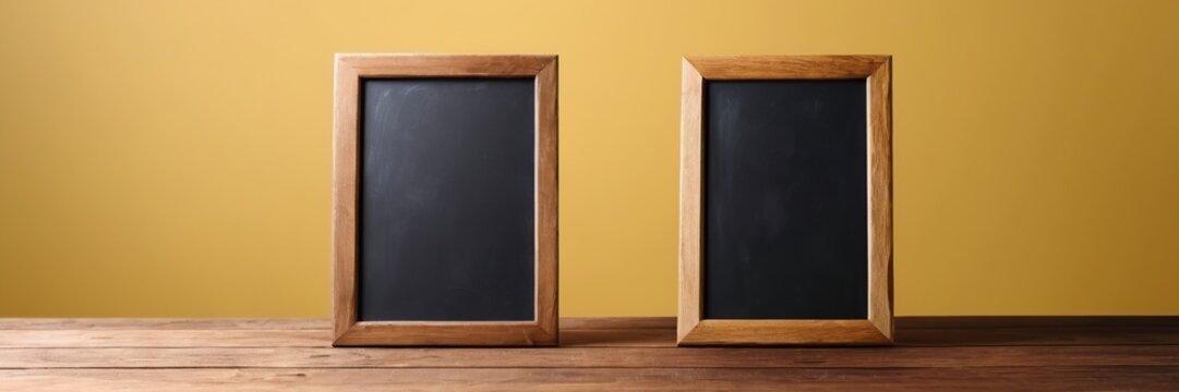 
Empty blackboard with wooden frame on wooden table over yellow background.