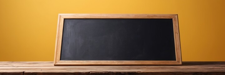 
Empty blackboard with wooden frame on wooden table over yellow background.