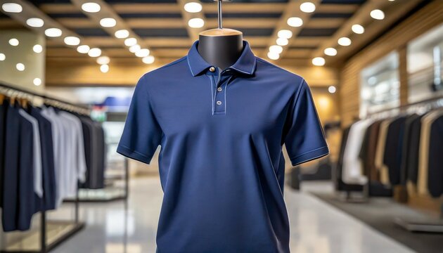 dark blue polo shirt worn on a mannequin in a minimalist style with a clothing store background generative ai