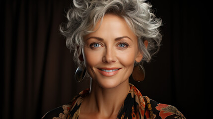 Portrait of an active and fit grandma with short grey hair. Concept of healthy aging, vitality, and breaking stereotypes by maintaining an active lifestyle.