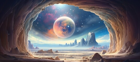 Outer space travel and exploration to a uninhabited new world - surreal landscape view from inside cavern with giant exoplanet moon view on the horizon with stars - sci-fi fantasy dreamscape. 
