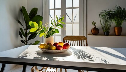 modern interior lifestyle mediterranean in summer scene plant with fruit on table with light and shadow in dining room generative ai