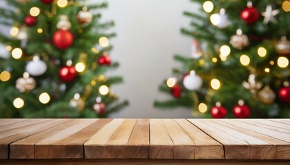 Fototapeta na wymiar empty wooden table over defocused christmas background with copy space