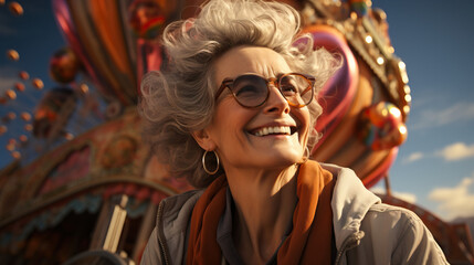 Obraz premium Portrait of a senior grandma at the fair. Concept of joy, nostalgia, and the timeless delight of enjoying festive and vibrant experiences at a fairground.