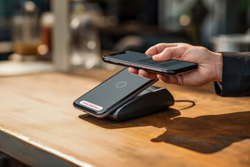 Customer making a mobile payment on a card machine - Powered by Adobe
