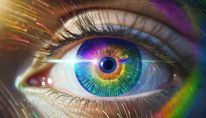 Türaufkleber human multicolored iris of the eye animation concept rainbow lines after a flash scatter out of a bright binary circle and forming volumetric a human eye iris and pupil 3d rendering background 4k © Art_me2541
