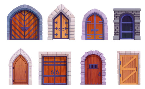 Medieval castle doors. Ancient palace gates or old building carpentry door, entry gate mystery cellar stone gothic house dungeon doorway entrance, 2d ingenious vector illustration