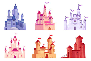 Cartoon strongholds. Medieval castles exterior, fantastic palaces magic kingdom fortified building citadel tower gothic architecture, ancient castle ingenious vector illustration