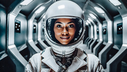 astronaut in futuristic spaceship - obrazy, fototapety, plakaty