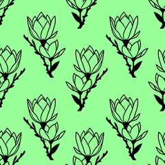 seamless symmetrical pattern of black graphic magnolia flowers on a green background, texture, design