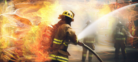 Obraz premium Firefighter extinguishing fire using a hose
