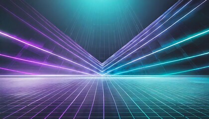 cyan blue and purple grids neon glow light lines design on perspective floor creativity digital internet cyberpunk virtual reality concept hi tech abstract backgroud generative ai - obrazy, fototapety, plakaty